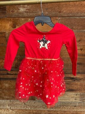 Cat & Jack Girls Red Christmas Star Tulle Dress Size XS 4/5 Sequin Holiday